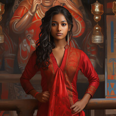 Indian girl red dress attitude oil painting realistic cute standing model
