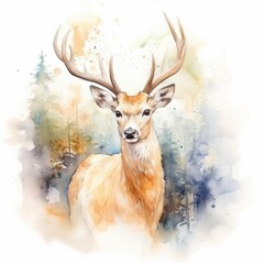 Watercolor portrait of a deer with antlers. Hand drawn illustration isolated on white background