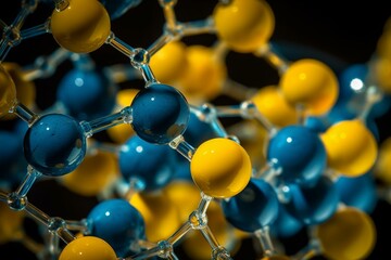 Closeup of a vibrant yellow-blue molecule with divergent yellow rays. Generative AI