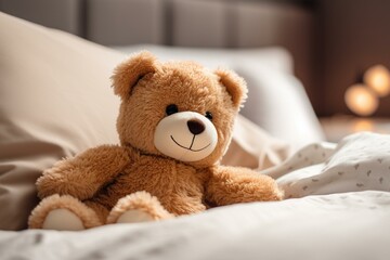 adorable small brown teddy bear relaxing on the bed. Generative AI