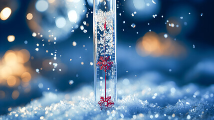 Thermometer frozen in the snow. Concept of low temperatures, cold, snow and sub-zero temperatures. - obrazy, fototapety, plakaty