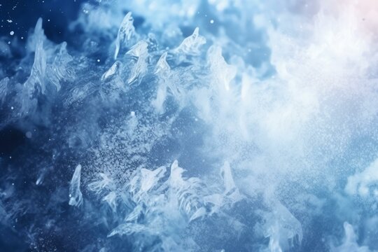 snowy background with ice crystals and blue blur. Generative AI