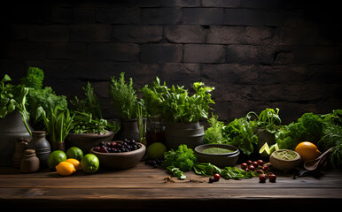 Fondo con comida natural, frutas, verduras y hortalizas con espacio para texto. - obrazy, fototapety, plakaty