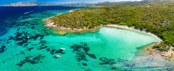 Le Piscine Beach, Cannigione, north coast of Sardinia, Italy, aerial view