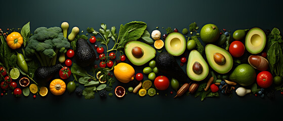 Fondo con comida natural, frutas, verduras y hortalizas con espacio para texto. - obrazy, fototapety, plakaty
