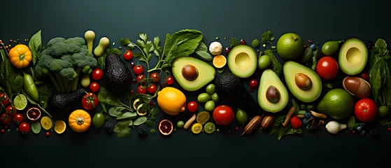 Fotobehang Fondo con comida natural, frutas, verduras y hortalizas con espacio para texto. © Iparhaizeaphoto