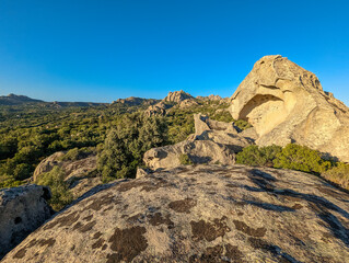 Nature, rocks and the town of Arzachena, Sardinia, drone views