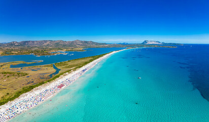 Aerial view of La Cinta beach in Sardinia with turquoise sea