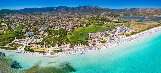 Aerial view of La Cinta beach in Sardinia with turquoise sea - obrazy, fototapety, plakaty