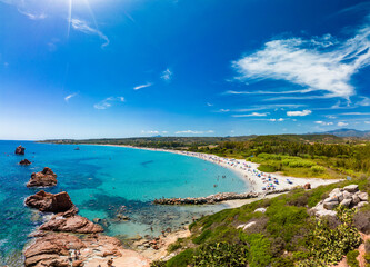 Aerial drone view of the Cea beach with the Red Rocks, Sardinia, Italy