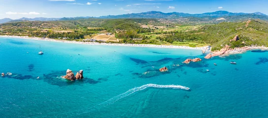 Rugzak Aerial drone view of the Cea beach with the Red Rocks, Sardinia, Italy © Martin Valigursky