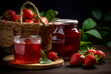 jarred strawberry preserve accompanied by ripe berries. Generative AI