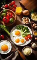 Healthy breakfast table with eggs, green leafy vegetables and other food for breakfast.
