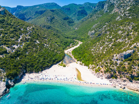 Aerial drone view of Cala Sisine beach in the Golf of Orosei, Sardinia, Italy