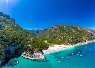 Aerial drone view of Cala Sisine beach in the Golf of Orosei, Sardinia, Italy - obrazy, fototapety, plakaty