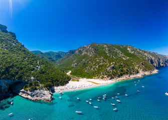 Aerial drone view of Cala Sisine beach in the Golf of Orosei, Sardinia, Italy