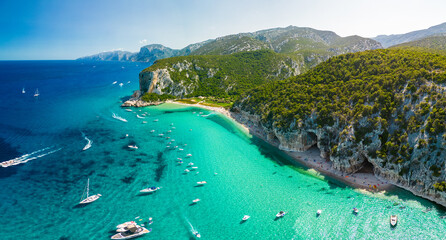 Drone view of the vibrant Cala Luna Beach on Sardinia island, Italy