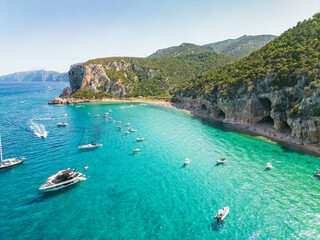 Drone view of the vibrant Cala Luna Beach on Sardinia island, Italy