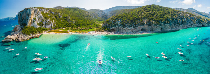 Drone view of the vibrant Cala Luna Beach on Sardinia island, Italy - obrazy, fototapety, plakaty