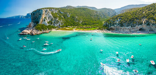 Drone view of the vibrant Cala Luna Beach on Sardinia island, Italy - obrazy, fototapety, plakaty