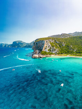 Drone view of the vibrant Cala Luna Beach on Sardinia island, Italy