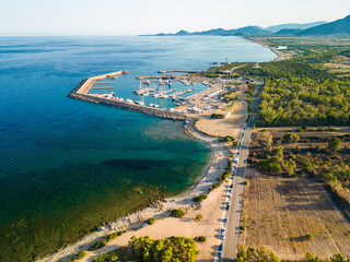 Aerial drone view of Porto Tramatzu beach and the town, Sardinia, Italy