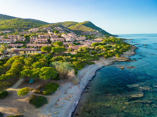Aerial drone view of Porto Tramatzu beach and the town, Sardinia, Italy