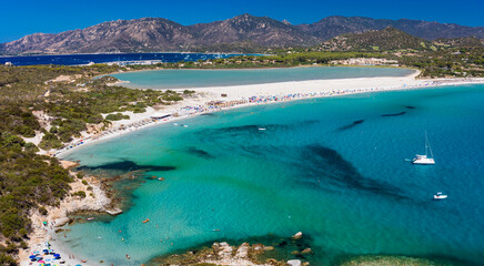 Obraz premium Aerial view of Porto Giunco beach and tower in Villasimius, Sardinia, Italy