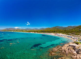 Fototapeta na wymiar Aerial drone view of Kal'e Moru beach in Geremeas, Sardinia
