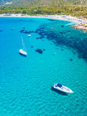 Aerial drone view of Kal'e Moru beach in Geremeas, Sardinia