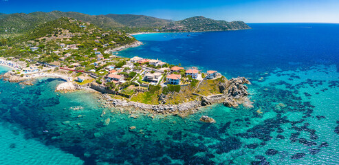 Aerial drone view of Kal'e Moru beach in Geremeas, Sardinia - obrazy, fototapety, plakaty