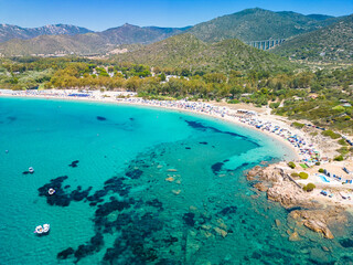 Aerial drone view of Kal'e Moru beach in Geremeas, Sardinia