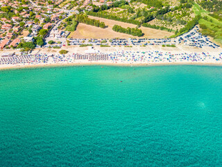 Fototapeta na wymiar Aerial view of the Solanas beach in the province Sinnai in Sardinia, Italy