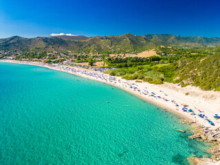 Aerial view of the Solanas beach in the province Sinnai in Sardinia, Italy