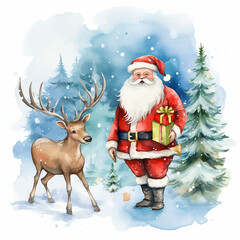 santa claus with reindeer and gifts water colour