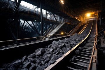 Obraz premium Conveyor holds mined coal within coal mine, awaiting transport