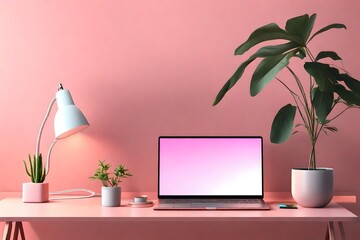 Modern home working place with laptop, stylish lamp and plant in  over pink wall background