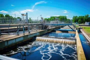 A dam in a large body of water at a wastewater treatment plant