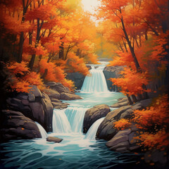 Beautiful artistic illustration picturing a waterfall surrounded by autumn orange trees
