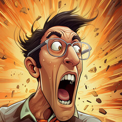 Cartoon illustration of a man in glasses screaming in rage 