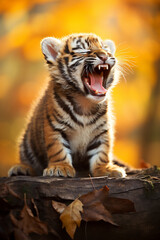Yawning cute tiger cub alone on blurry nature background