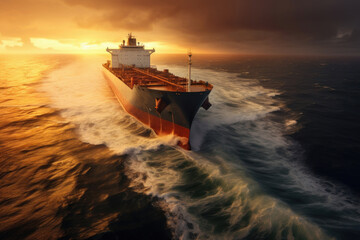 huge sea tanker sailing on the ocean, aerial view, dawn