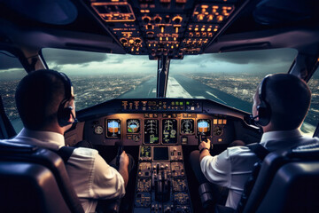 two pilots piloting the plane view from inside the cockpit, the work of the crew to control the aircraft - 654943151