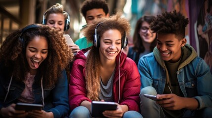 Fototapeta premium Happy teenagers having fun, communicating, listening to music and dancing.