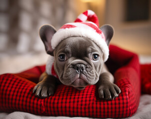 a cute small french bulldog wearing a santa hat , generative ai