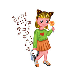 A girl in a headband with ears holding candy in her hands. Vector illustration. Greeting cards, invitations, posters, banners, book illustrations.