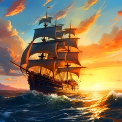 Fototapeta premium Ship On A Wavy Sea At Sunset