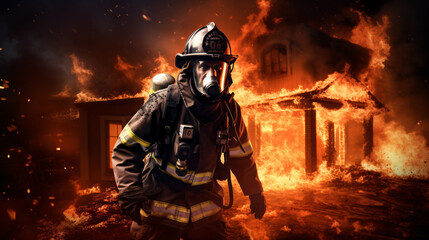 fire fighter wearing protective wear trying to save a burning house.