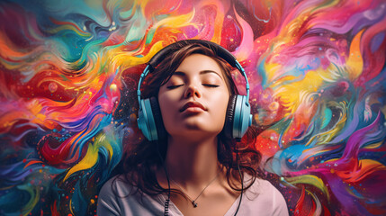girl wearing headphones in a colorful vivid background - girl listening to music and enjoying - obrazy, fototapety, plakaty