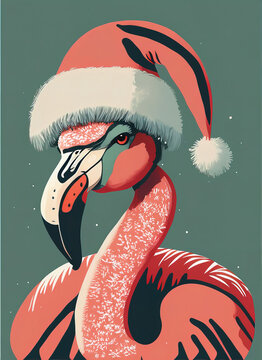 Tropical Flamingo Wearing Christmas Santa Hat